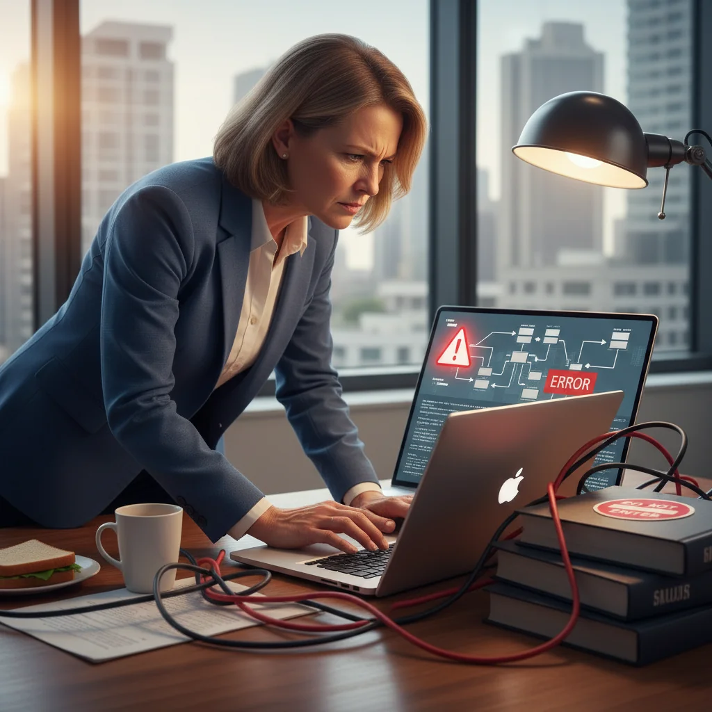 A photorealistic image of a frustrated adult professional sitting at a desk in a modern office, staring at a computer screen displaying a confusing software license agreement popup, with subtle elements of warning signs like red exclamation marks or tangled wires symbolizing common mistakes, conveying the theme of avoiding errors in end-user license agreements without showing any legal documents directly.