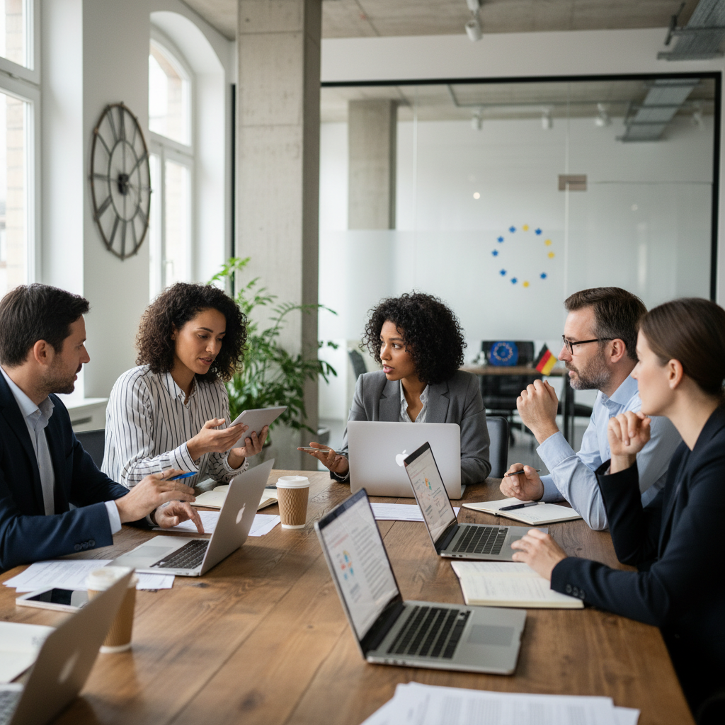 A professional scene in a modern German office where a lawyer is reviewing a software license agreement on a computer, surrounded by colleagues discussing terms, symbolizing compliance and legal requirements for EULAs in Germany.