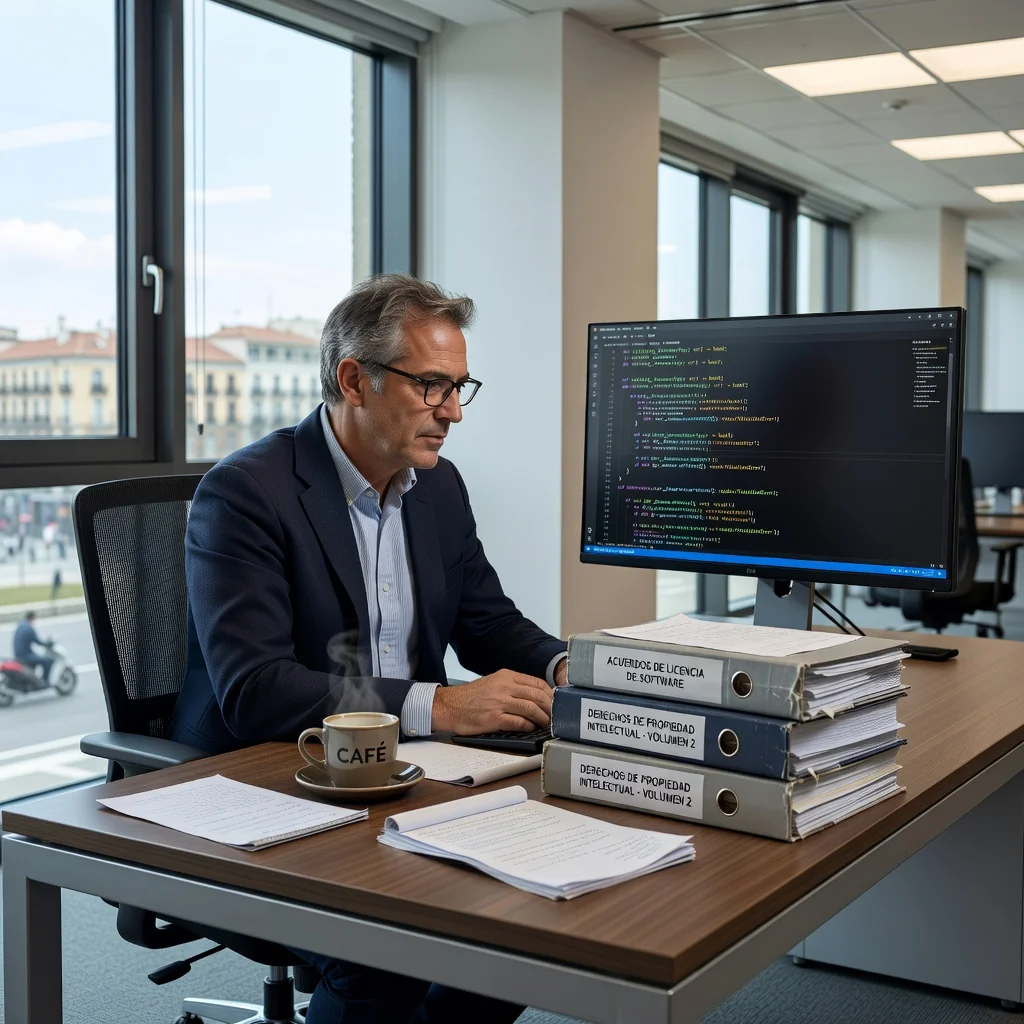 A photorealistic image depicting a professional adult in a modern office setting, reviewing software code on a computer screen, symbolizing the rights and obligations in software licensing contracts in Spain, with subtle Spanish cultural elements like a flag or architecture in the background, no children present.