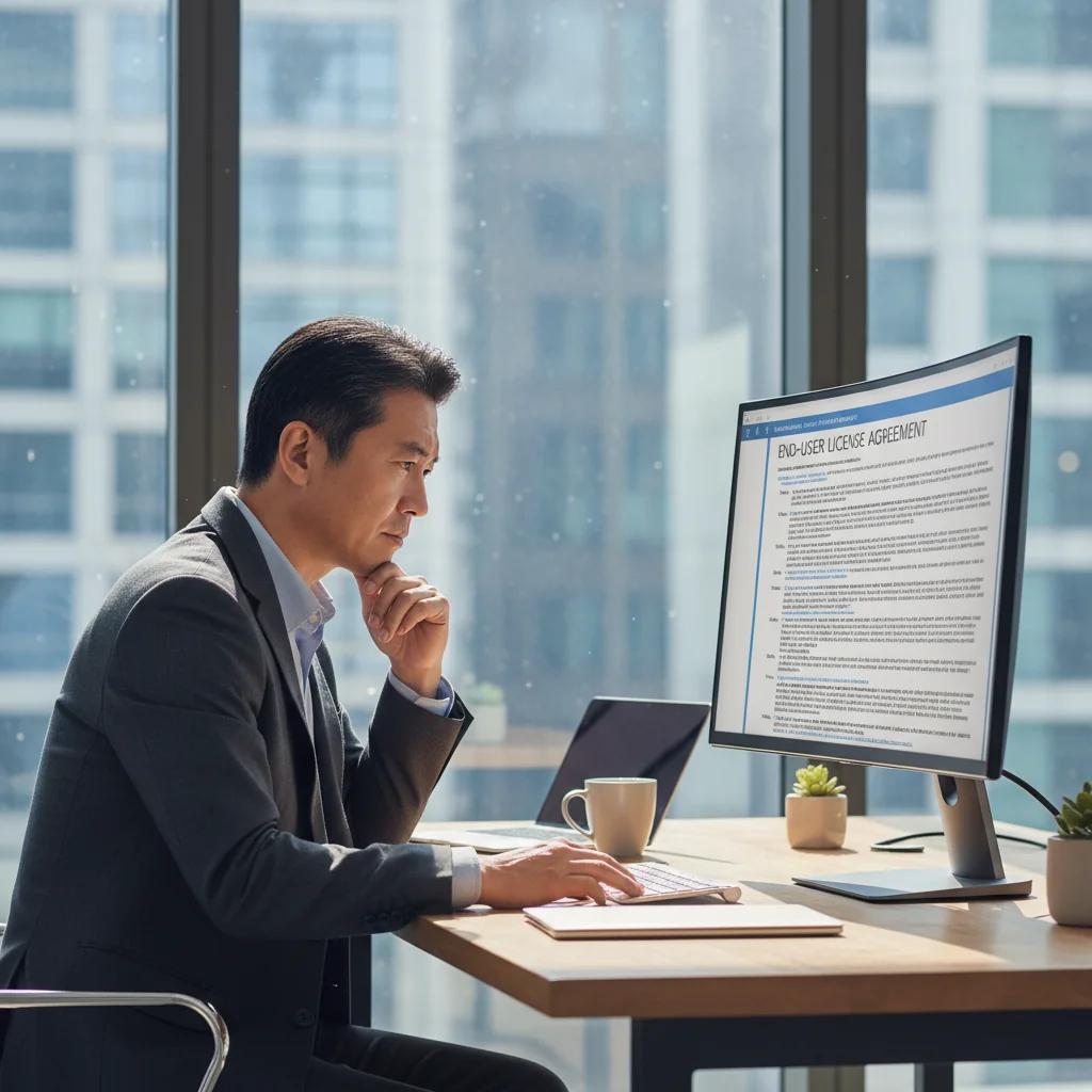A photorealistic image of a professional adult in a modern office setting, carefully reviewing a software license agreement on a computer screen, looking thoughtful and focused, symbolizing awareness and avoidance of common mistakes in end-user license agreements, with no children present.