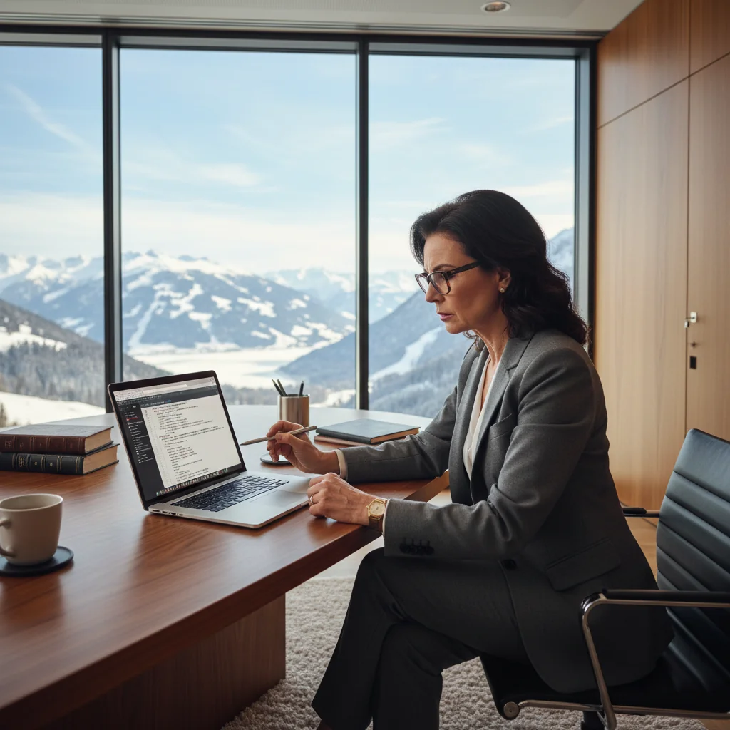 A professional adult Swiss lawyer in a modern office in Zurich, reviewing a digital license agreement on a computer screen, with Swiss Alps visible through the window, symbolizing legal compliance and software licensing in Switzerland.