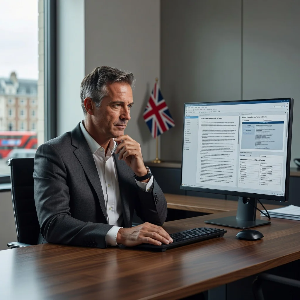 A photorealistic image of a professional adult sitting at a modern office desk in a UK-based business setting, reviewing a software license agreement on a computer screen, symbolizing the use and agreement to end-user license terms in the United Kingdom. The scene conveys trust, compliance, and digital protection without showing any legal documents directly.