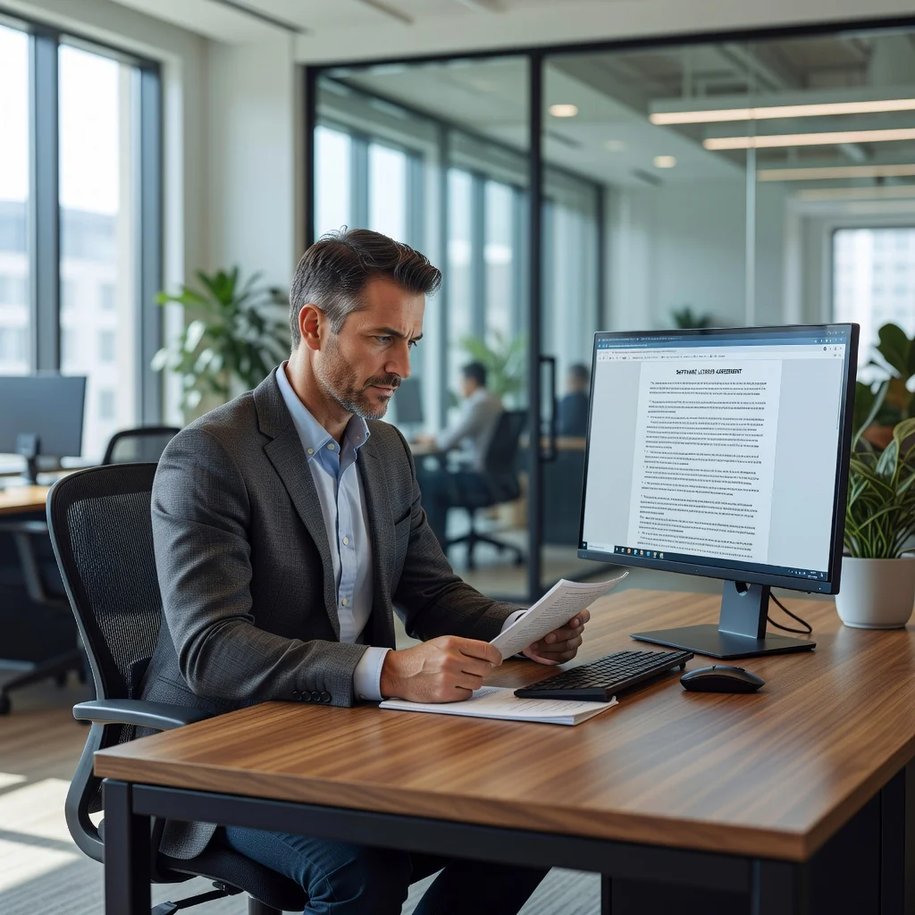 A photorealistic image of a professional adult user sitting at a modern desk in an office, carefully reviewing software terms on a computer screen, symbolizing the agreement to end-user license terms without showing any actual documents or children.