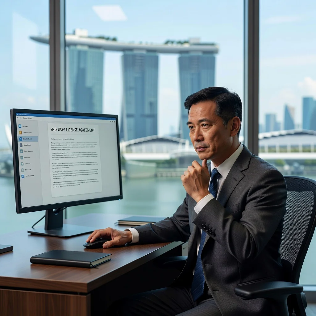 A photorealistic image of a professional adult sitting at a modern desk in a Singapore office, reviewing a software license agreement on a computer screen, with elements of Singapore skyline visible through the window, symbolizing end-user license agreements in a business context. No children or minors are present.