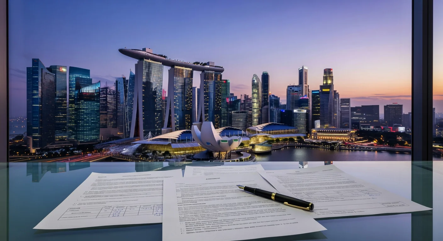 Singapore skyline with contract papers