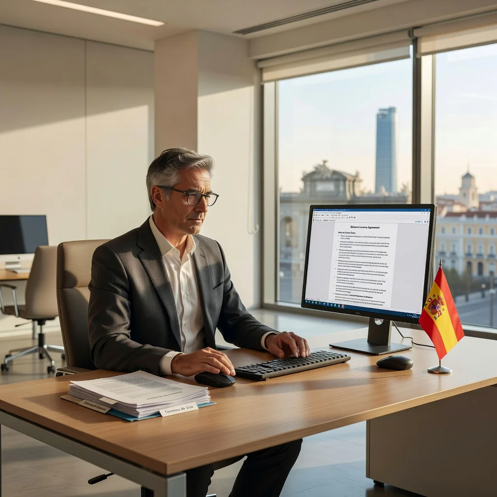 A photorealistic image of a professional adult in Spain reviewing a software license agreement on a laptop in a modern office setting, symbolizing user rights and software usage compliance, with no children present.