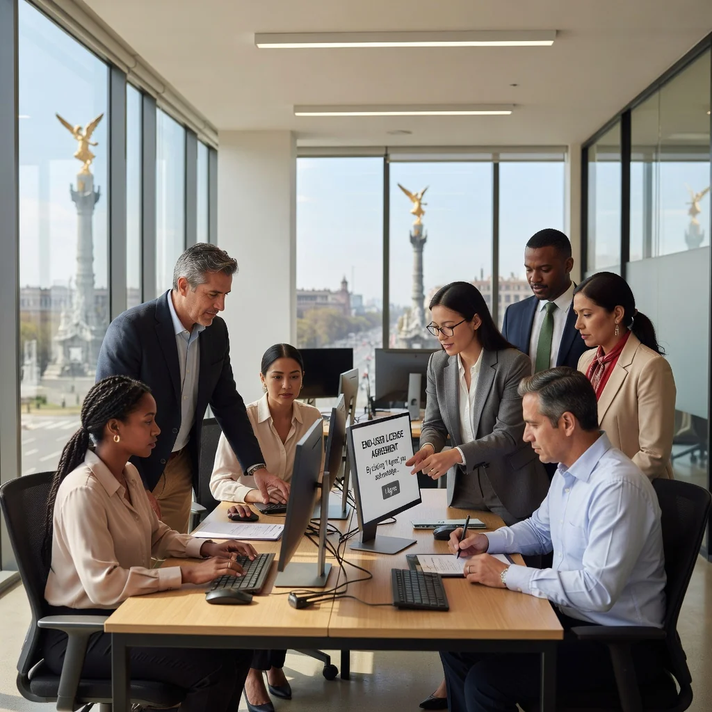 A photorealistic image representing the concept of a software end-user license agreement in Mexico, showing a diverse group of adult professionals in a modern office setting in Mexico City, reviewing digital agreements on laptops, with subtle Mexican cultural elements like a flag or landmarks in the background, evoking trust, compliance, and technology use in business.