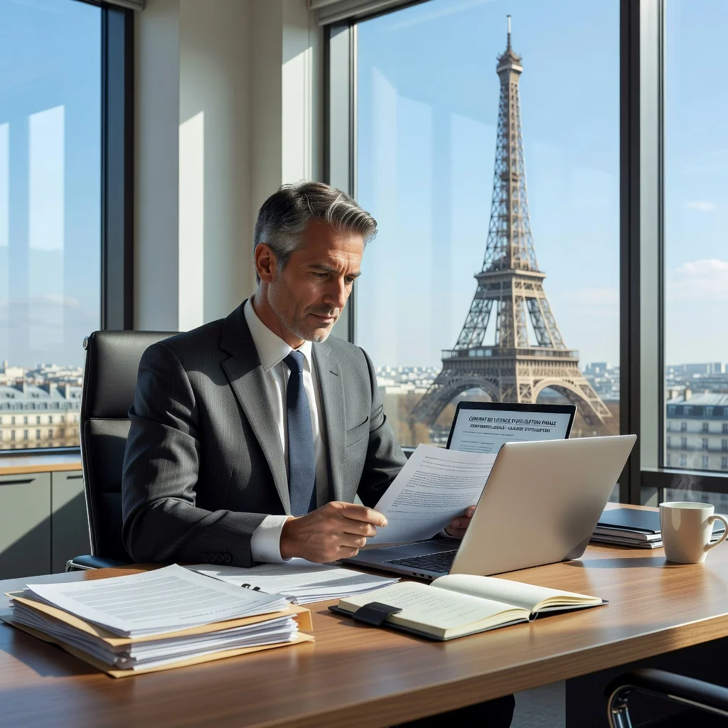 A photorealistic image representing the purpose of a Licence d'utilisation finale in France, showing a professional adult individual in a modern office environment in Paris, reviewing legal agreements on a computer, with subtle French landmarks like the Eiffel Tower visible through a window, symbolizing compliance and business operations in France, no children present.