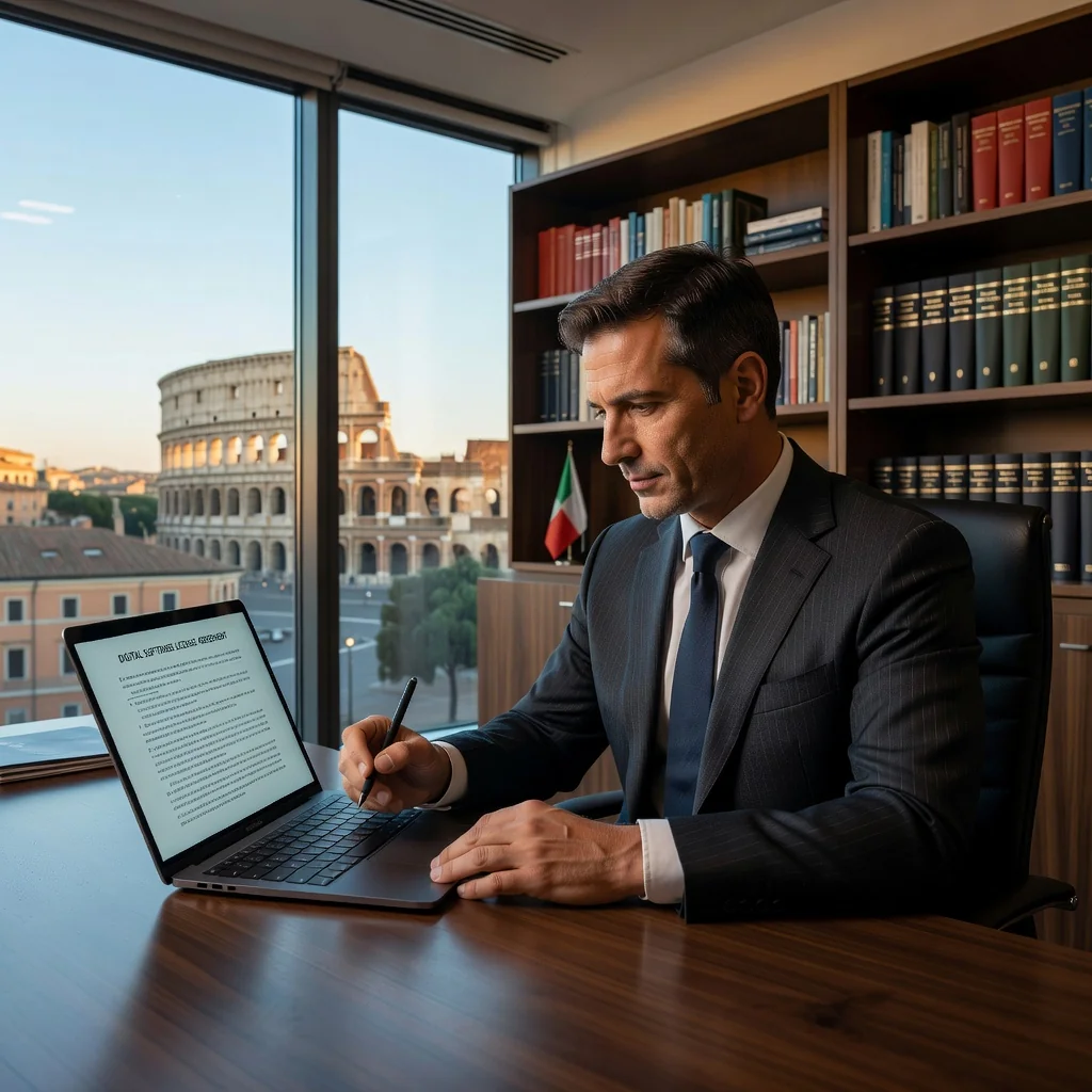 A photorealistic image of a professional adult Italian businessperson in a modern office in Italy, signing a software license agreement on a laptop, symbolizing user rights and digital agreements, with subtle Italian landmarks in the background like the Colosseum visible through a window, conveying trust and legality in technology use, no children present.
