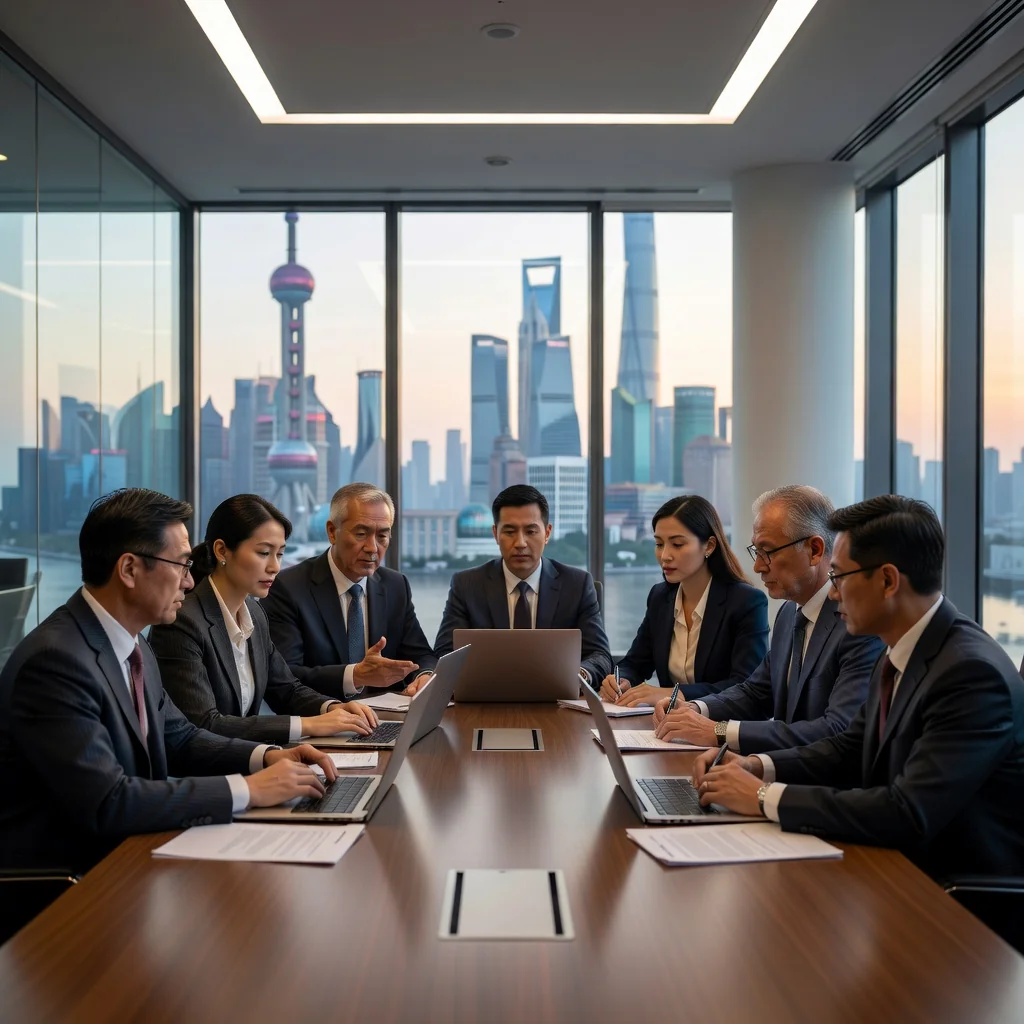 A professional business meeting in a modern Chinese office, with adults discussing legal agreements at a conference table, symbolizing the importance of end-user license agreements in business transactions in China.