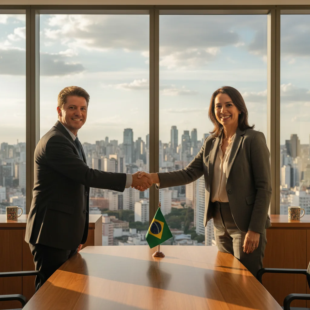 A photorealistic image of two professional adults in a modern Brazilian office setting, shaking hands over a conference table to symbolize a business agreement or partnership, with Brazilian flag elements in the background to evoke the local context. The scene conveys trust, collaboration, and intent in business dealings.