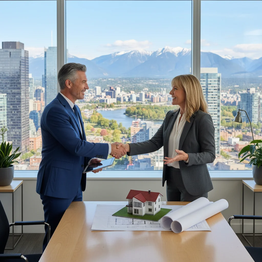 A photorealistic image of two professional adults in a modern Canadian real estate office, shaking hands over a property deal, with a scenic view of a Canadian city skyline and a house model on the desk in the background, symbolizing the intent and agreement in real estate transactions. No children are present in the image.