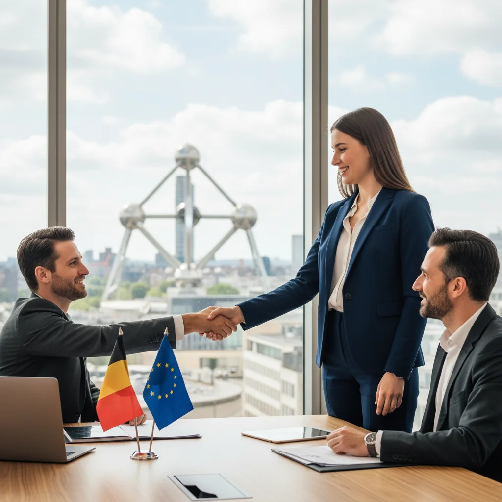 A photorealistic image of a professional adult in a modern Belgian office setting, confidently shaking hands with a colleague during a job interview, symbolizing career opportunities and successful applications, with subtle Belgian elements like a flag or Brussels architecture in the background. No children present.