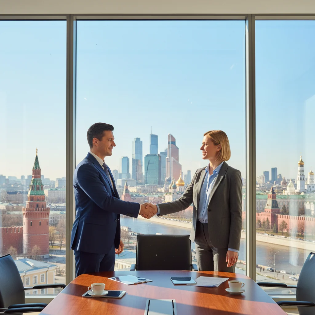A photorealistic image of two professional businesspeople in a modern office in Russia, shaking hands over a conference table with a view of the Moscow skyline in the background, symbolizing a business agreement or letter of intent.