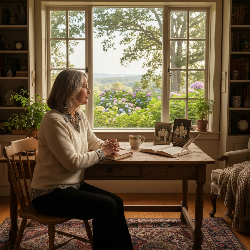 A photorealistic image of a thoughtful adult person in their 40s, sitting at a wooden desk in a home office, gazing out a window with a contemplative expression, symbolizing planning for the future and legacy through a will. The scene is warm and serene, with natural light filtering in, conveying trust and security without showing any documents or children.