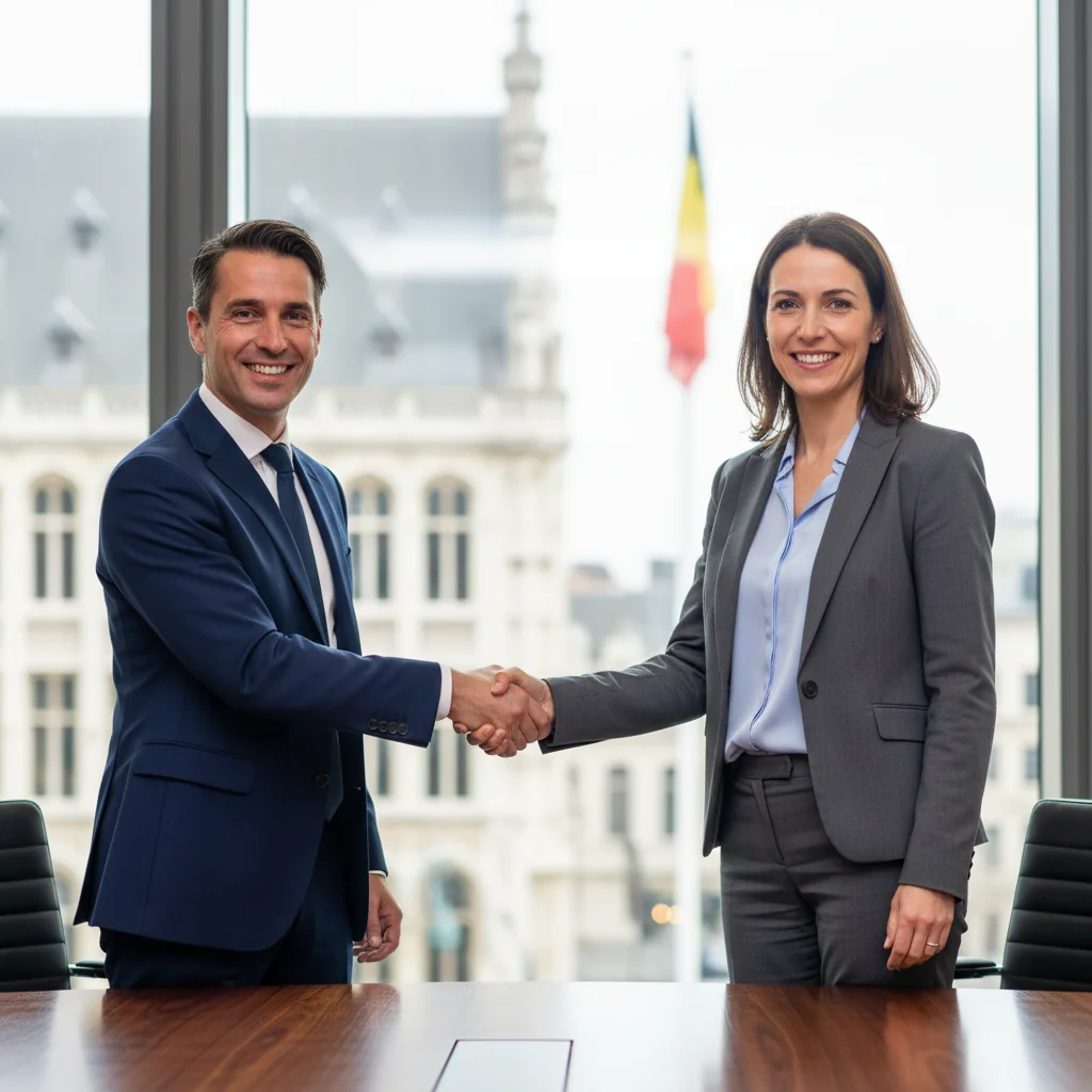 A photorealistic image of a professional adult in a modern Belgian office setting, confidently shaking hands with a recruiter during a job interview, symbolizing the intent and preparation involved in job applications in Belgium. The scene conveys opportunity and professionalism without showing any documents.