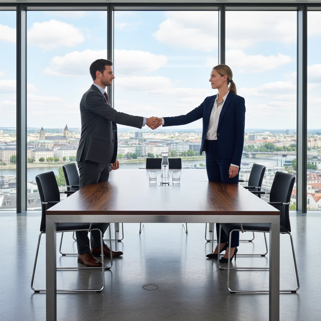 A professional business meeting in a modern German office, symbolizing the formal intent and agreement in a letter of intent, with adults shaking hands over a table, evoking trust and legal commitment in a corporate setting.