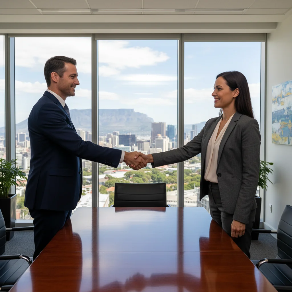A photorealistic image of two adult professionals in a modern South African office setting, shaking hands across a conference table to symbolize agreement and intent in business negotiations, with subtle South African elements like a flag or skyline in the background, conveying trust and partnership without showing any legal documents.