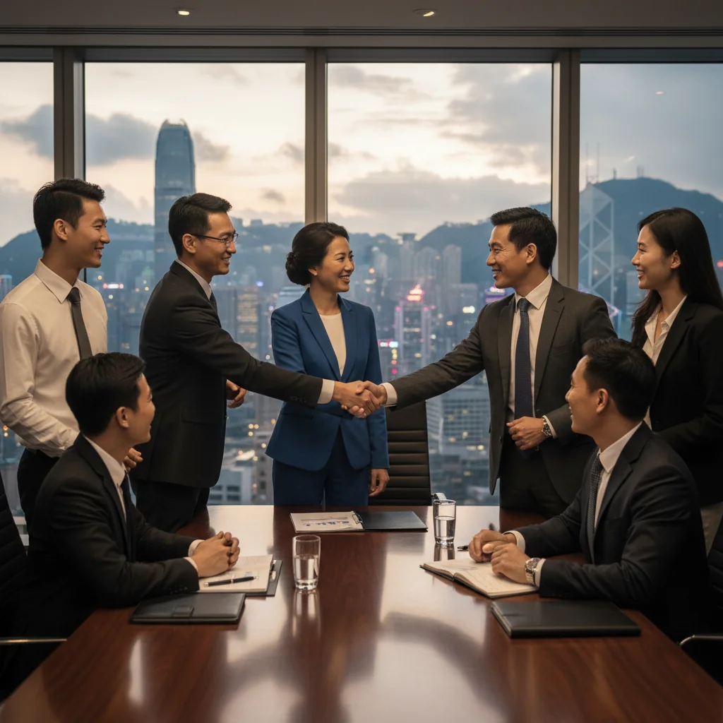 A professional business meeting in a modern Hong Kong office, with diverse adults shaking hands over a table with city skyline view, symbolizing agreement and intent in business dealings.