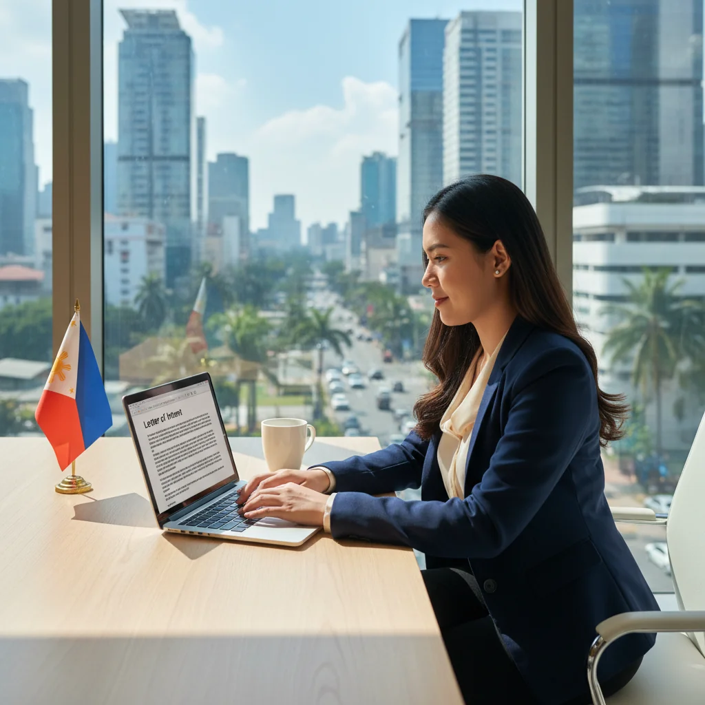A photorealistic image of a professional adult woman in a modern office in the Philippines, sitting at a desk with a laptop open, typing a letter of intent on the screen, surrounded by Philippine cultural elements like a window view of Manila skyline and a small flag on the desk, conveying aspiration and career opportunity, no children present.