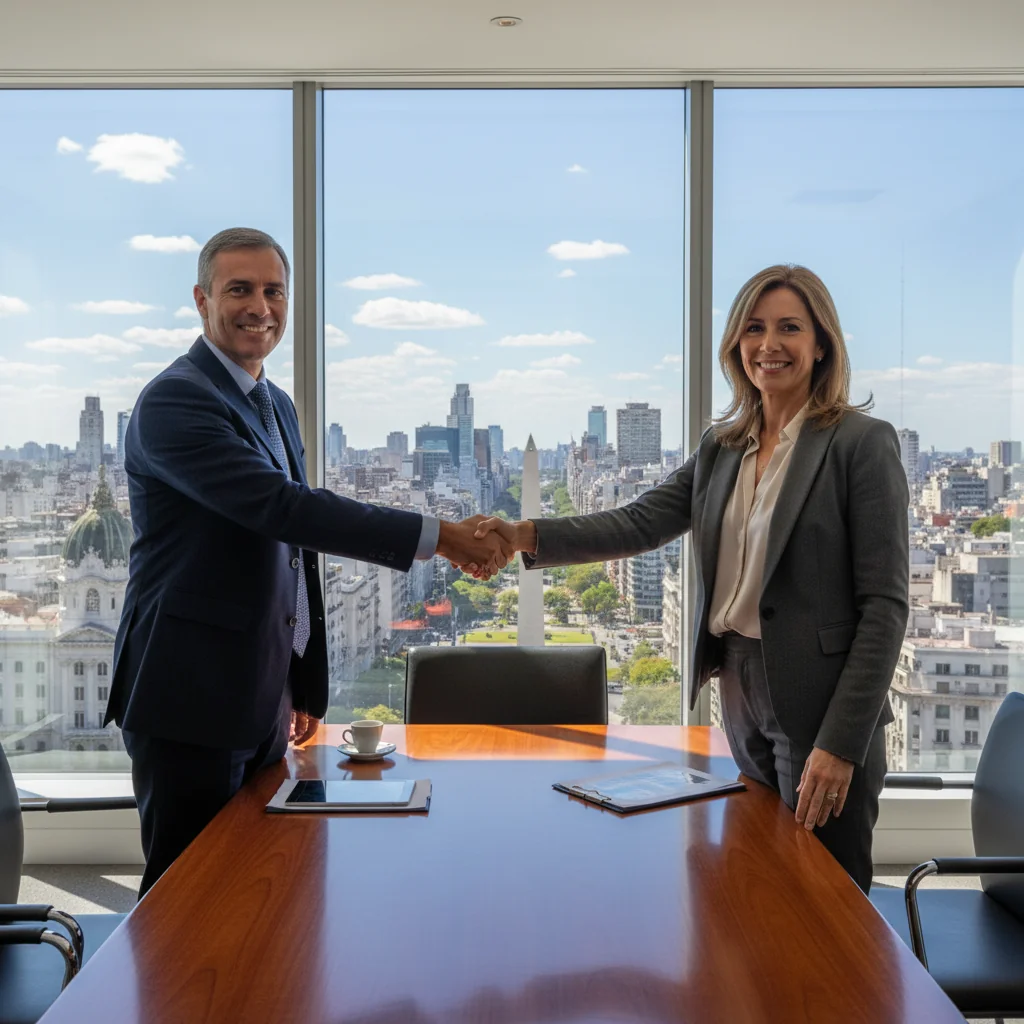 A photorealistic image of two professional business adults in a modern office in Argentina, shaking hands across a conference table with the Buenos Aires skyline visible through large windows in the background, symbolizing business agreements and intentions.