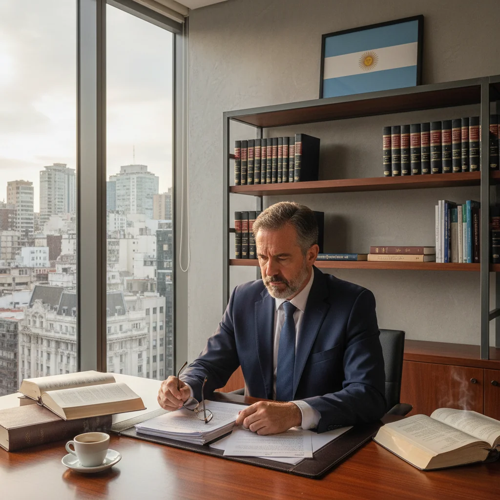A photorealistic image of a professional lawyer in a modern Argentine office, thoughtfully reviewing notes on a legal intention letter, with subtle Argentine flag elements in the background to evoke the legal context without showing any documents or children.
