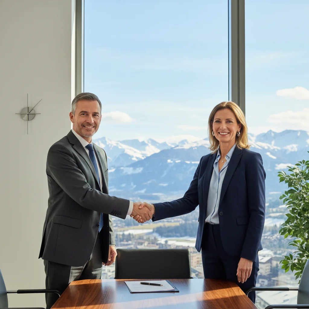A photorealistic image depicting two professionals in a modern Swiss office shaking hands over a conference table, symbolizing the commitment and intent behind a letter of intent in business agreements, with Swiss Alps visible through the window in the background.