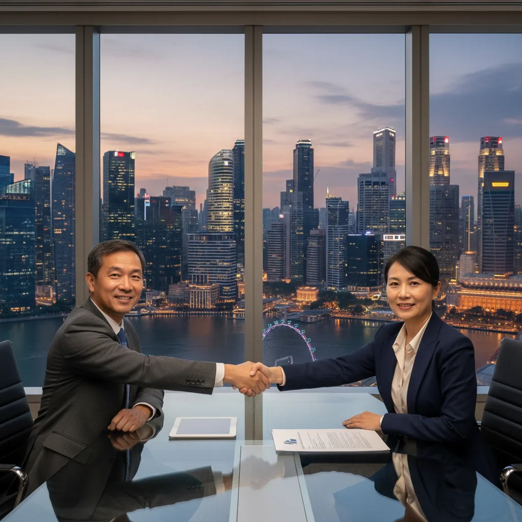A photorealistic image depicting two professional businesspeople in a modern Singapore office, shaking hands over a conference table with a city skyline view, symbolizing a successful business deal and intent, emphasizing collaboration and agreement without showing any documents.