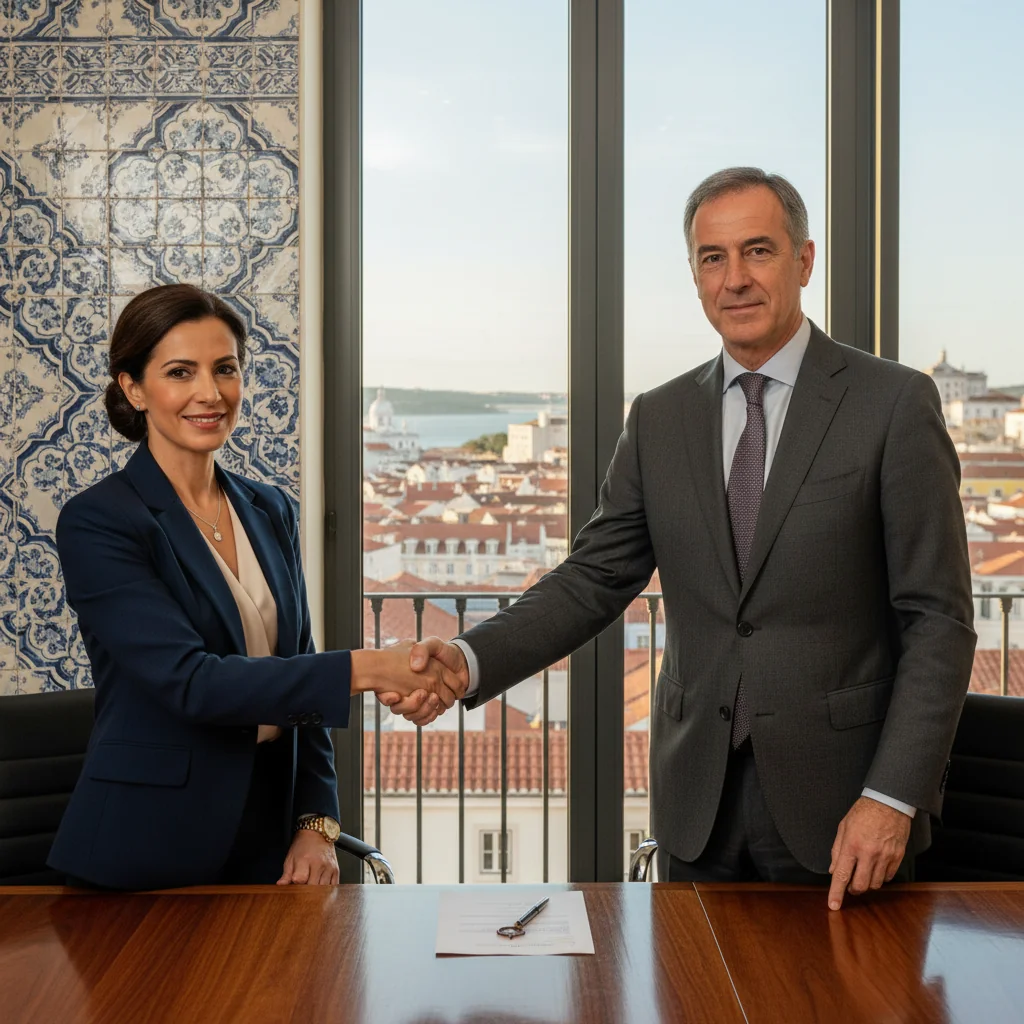 A photorealistic image of two professional business adults, a man and a woman in business attire, shaking hands across a polished conference table in a modern Portuguese office setting, symbolizing the formation of a business agreement and intent, with warm lighting and subtle Portuguese architectural elements in the background like azulejo tiles, conveying trust, partnership, and effective business negotiations.