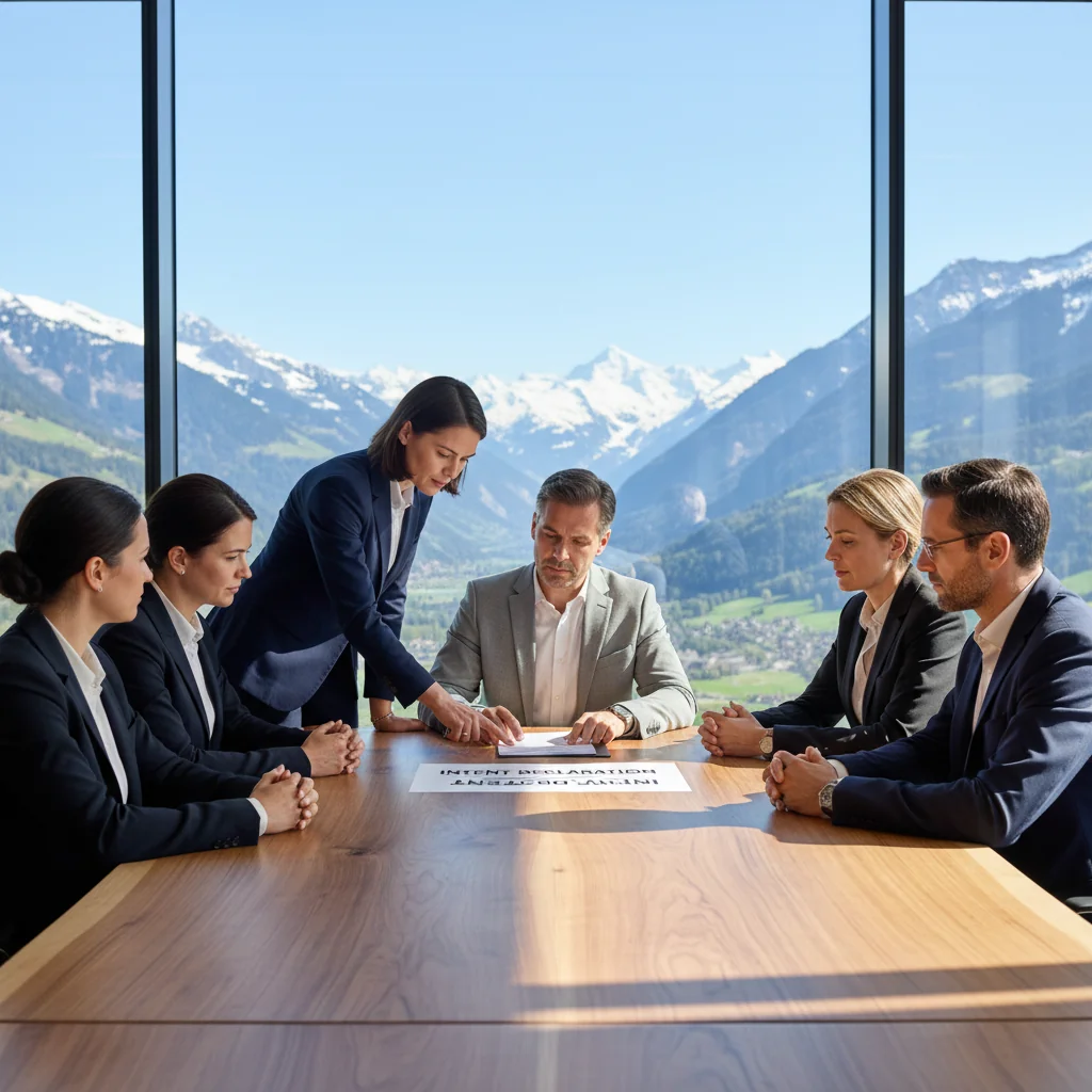 A professional scene in a Swiss business meeting room, where adults are discussing and signing an intent declaration document, symbolizing legal commitments in Switzerland. The focus is on collaboration and agreement, with Swiss Alps visible through a window, conveying trust and formality in business dealings.