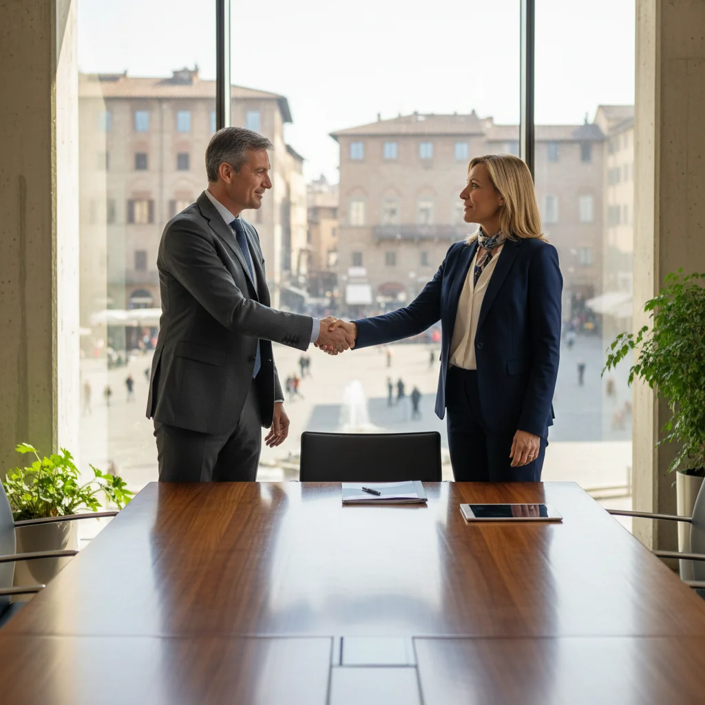 A photorealistic image of two professional adults in a modern Italian office setting, shaking hands across a conference table with subtle Italian landmarks visible through the window in the background, symbolizing a business agreement or intent without showing any documents.