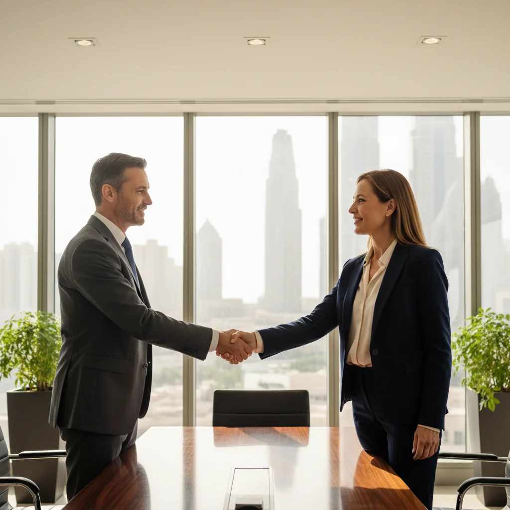 A photorealistic image representing the purpose of a letter of intent in the UAE, showing two adult business professionals in a modern Dubai office shaking hands during a business meeting, symbolizing agreement and partnership, with a blurred view of the UAE skyline in the background, no children present.
