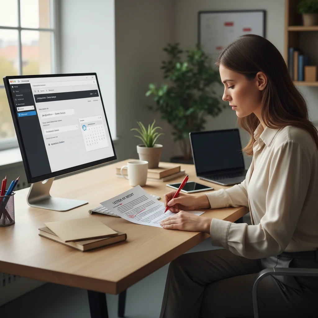 A photorealistic image of a professional adult in a business setting, carefully reviewing a document at a desk in an office environment, symbolizing attention to detail and avoiding mistakes in important applications like job or academic submissions, with no children present.