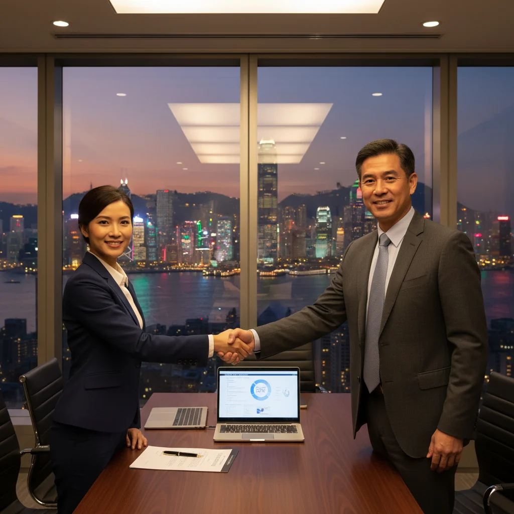 A photorealistic image of two professional businesspeople in a modern Hong Kong office, shaking hands over a city skyline view, symbolizing agreement and commitment in a letter of intent, with elements of Hong Kong like Victoria Harbour in the background, no children present.