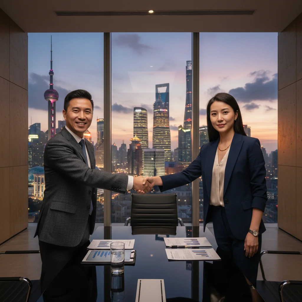 A photorealistic image of two professional Chinese businesspeople in a modern office setting, shaking hands across a conference table to symbolize agreement and the start of a business partnership, with subtle Chinese cultural elements like a city skyline view from the window, conveying trust and collaboration without showing any legal documents or children.