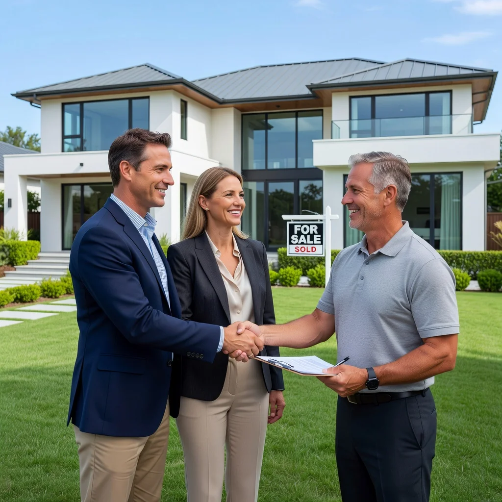 A photorealistic image of a professional adult couple standing in front of a modern suburban house, shaking hands with a smiling adult real estate agent during a property viewing. The scene conveys excitement and agreement in a real estate transaction, with the house's for-sale sign visible in the background, under a clear blue sky. No children are present in the image.