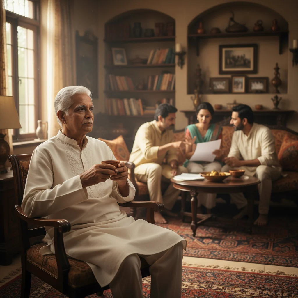 A photorealistic image of an elderly Indian man in traditional attire, sitting thoughtfully in a serene home setting with family members around, symbolizing legacy and inheritance planning, warm lighting, detailed textures, no children present.