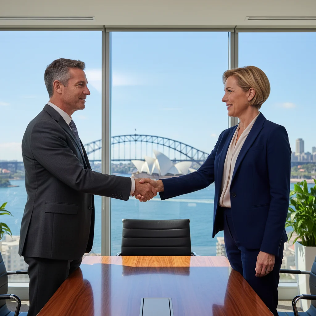 A photorealistic image of two professional business adults in a modern Australian office setting, shaking hands across a conference table to symbolize agreement and intent in a business deal, with subtle Australian elements like a Sydney skyline view in the background. No children are present.
