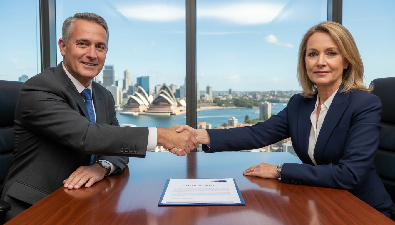 Business professionals shaking hands over contract