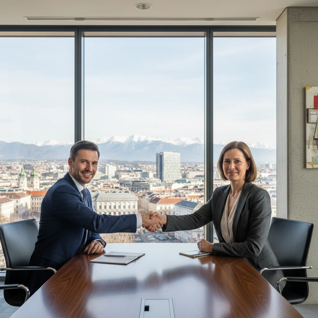 A photorealistic image of two professionals in a modern Austrian office setting, shaking hands over a conference table to symbolize the signing of a letter of intent, with subtle Austrian landmarks like the Alps visible through a window in the background, conveying agreement and intent without showing any documents.