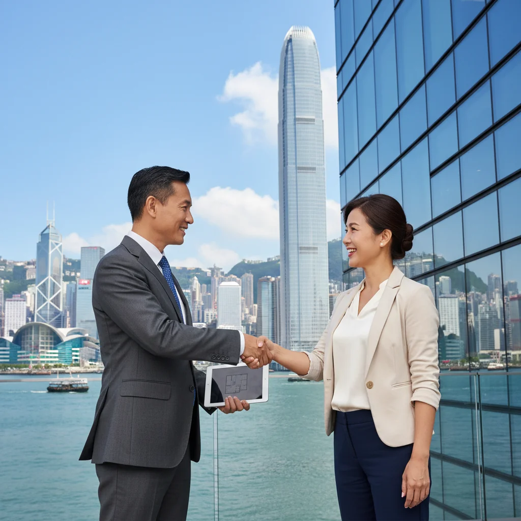 A photorealistic image of two professional adults, a real estate agent and a potential buyer, shaking hands in front of a modern high-rise building in Hong Kong's skyline, symbolizing agreement and real estate transaction intent. The scene captures the vibrant urban environment with Victoria Harbour in the background during daytime, emphasizing trust and partnership in property deals. No children are present in the image.