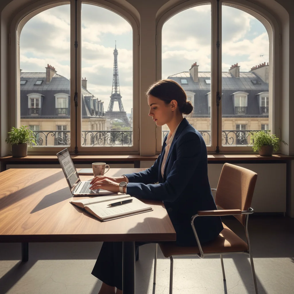 A photorealistic image of a confident young adult professional in a modern French office setting, sitting at a desk with a laptop open as if composing a thoughtful letter, symbolizing the preparation of an effective letter of intent for career opportunities, with subtle French elements like a Eiffel Tower view from the window, no children present.