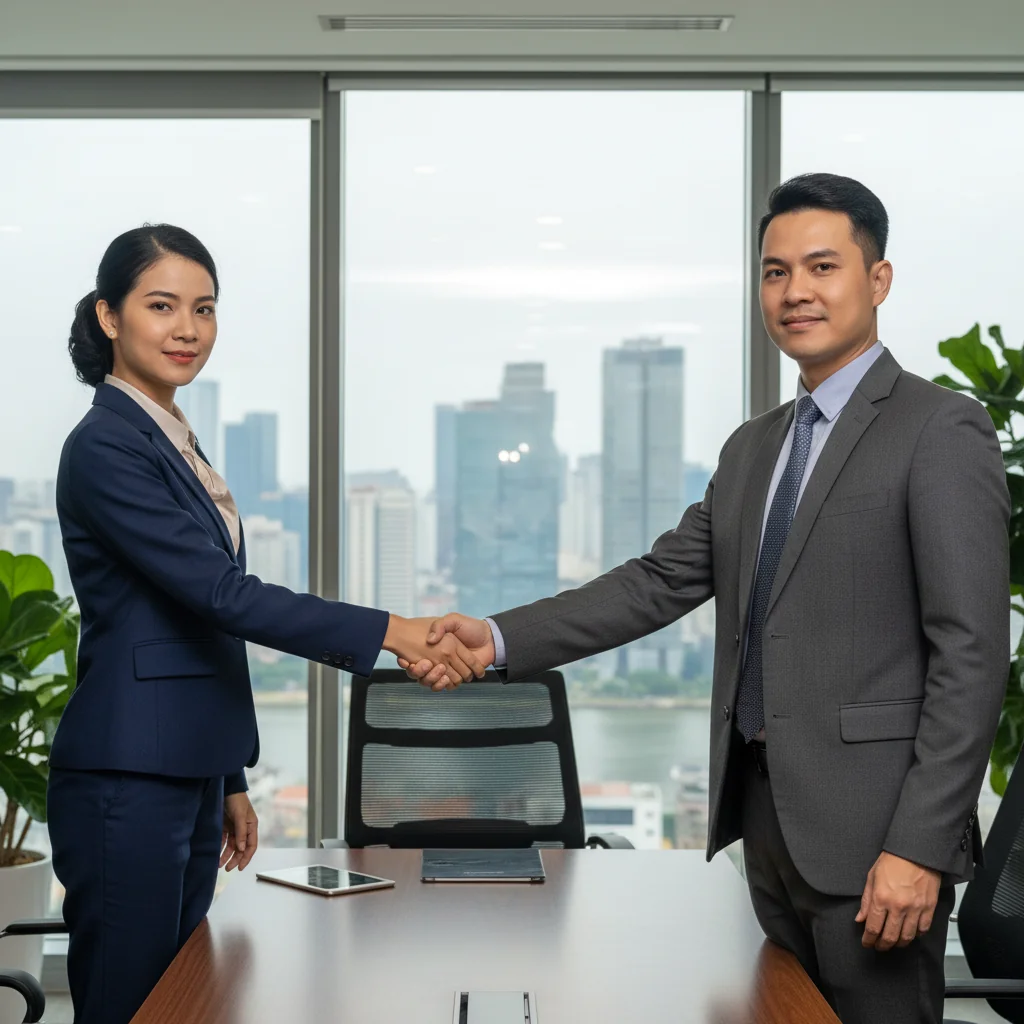 A professional business meeting in a modern Vietnamese office where two adults are shaking hands across a table, symbolizing the expression of intent in a formal agreement, with subtle Vietnamese cultural elements like a flag or traditional decor in the background.