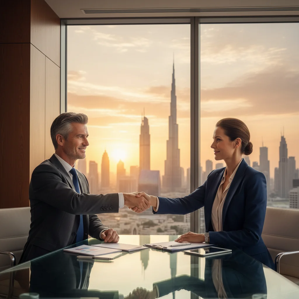 A photorealistic image of two professional business adults in a modern office setting in the UAE, shaking hands over a conference table with a blurred cityscape of Dubai skyline in the background, symbolizing business partnerships and intentions in commercial projects, no legal documents visible, no children present.