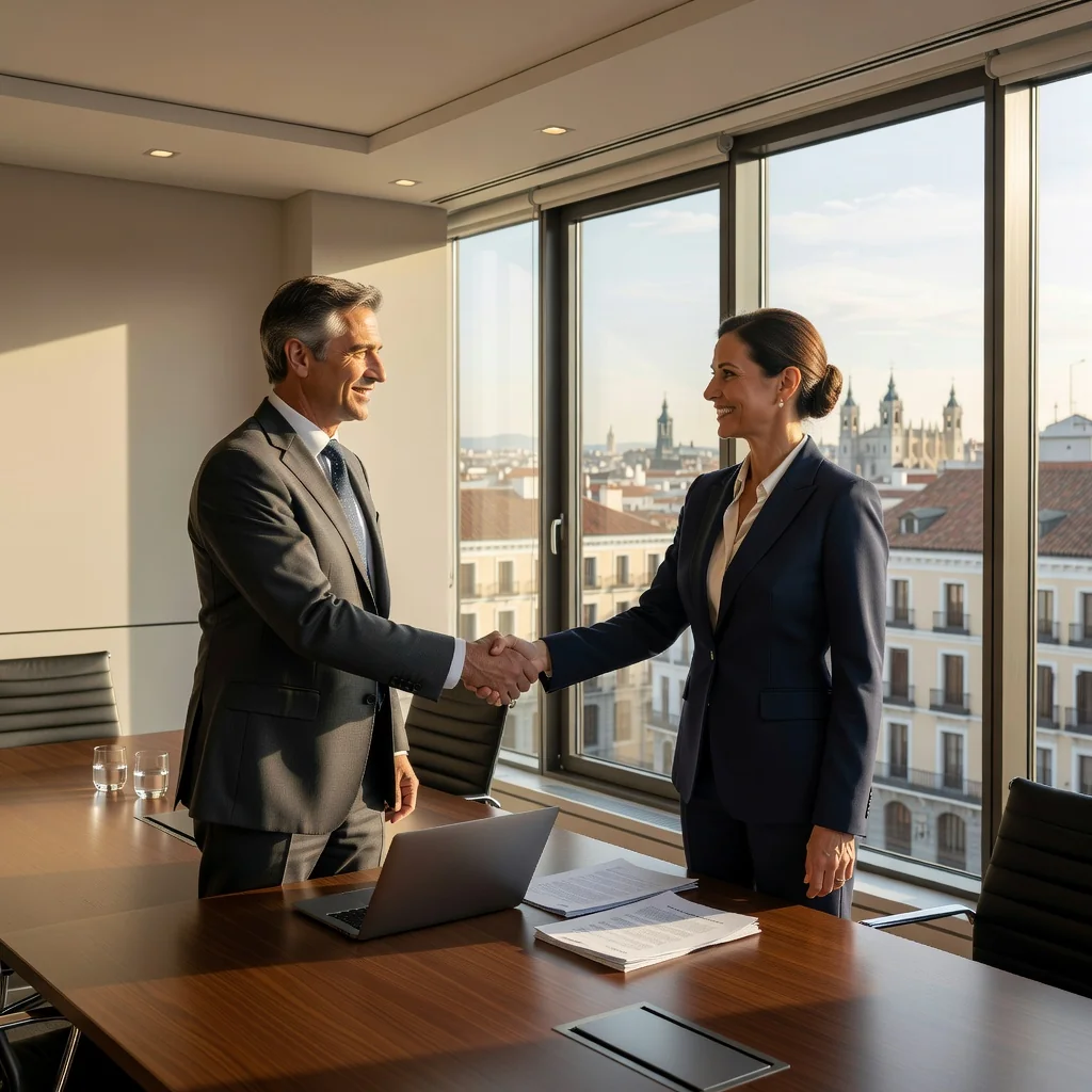 A photorealistic image depicting two professional adults in a modern Spanish business office, shaking hands across a conference table to symbolize the intent and agreement in business negotiations, with subtle Spanish elements like a flag or architecture in the background, conveying trust and partnership without showing any documents.