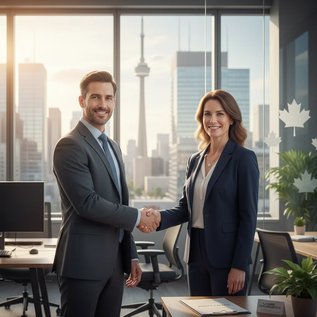 A photorealistic image of a professional adult in their mid-30s, dressed in business attire, confidently shaking hands with another adult professional across a modern office desk, symbolizing job application success and intent in a Canadian workplace setting, with subtle Canadian elements like a maple leaf in the background, no children present.