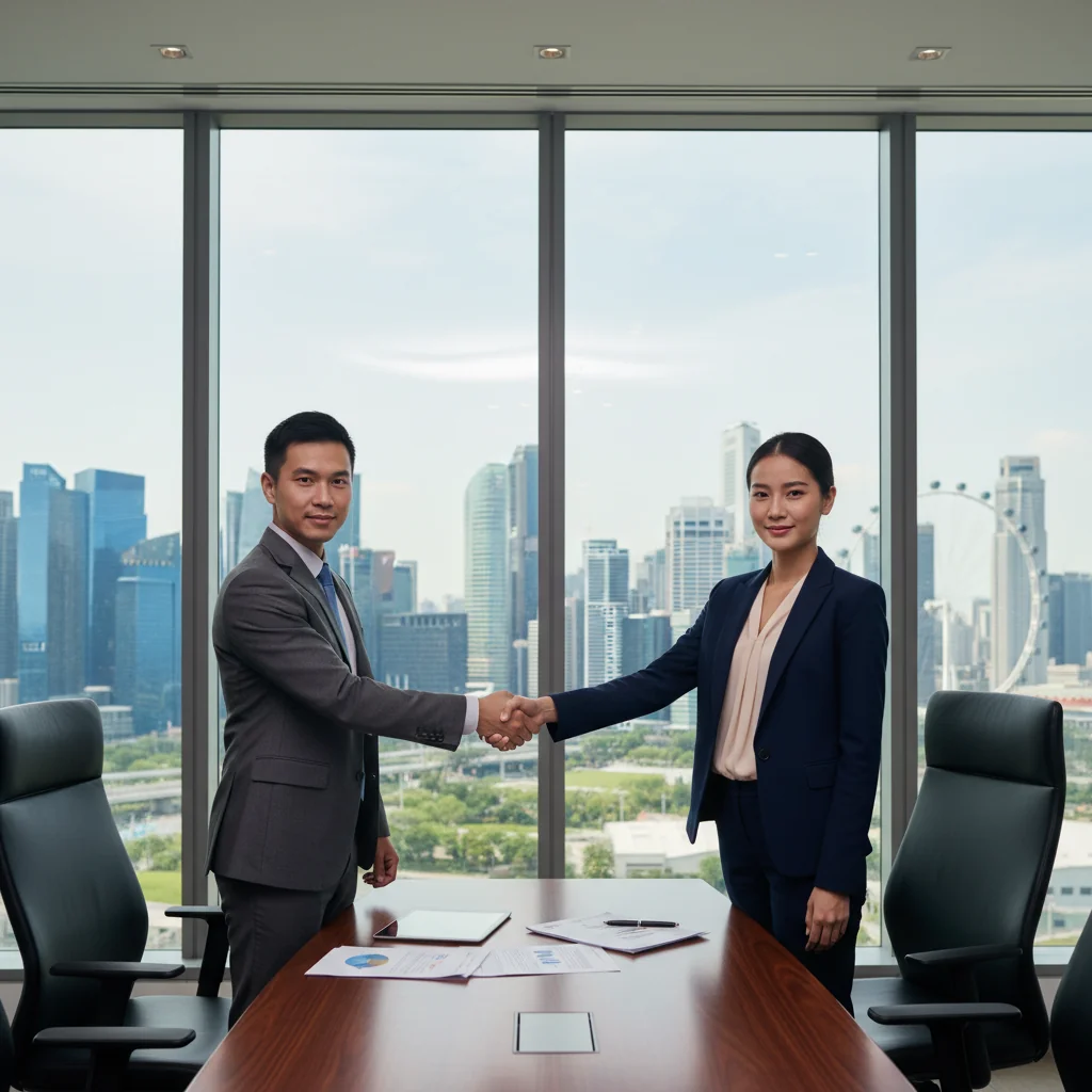 A professional business meeting in a modern Singapore office, with adults shaking hands over a table, symbolizing agreement and intent in a business deal, overlooking the city skyline with elements like Marina Bay Sands in the background.
