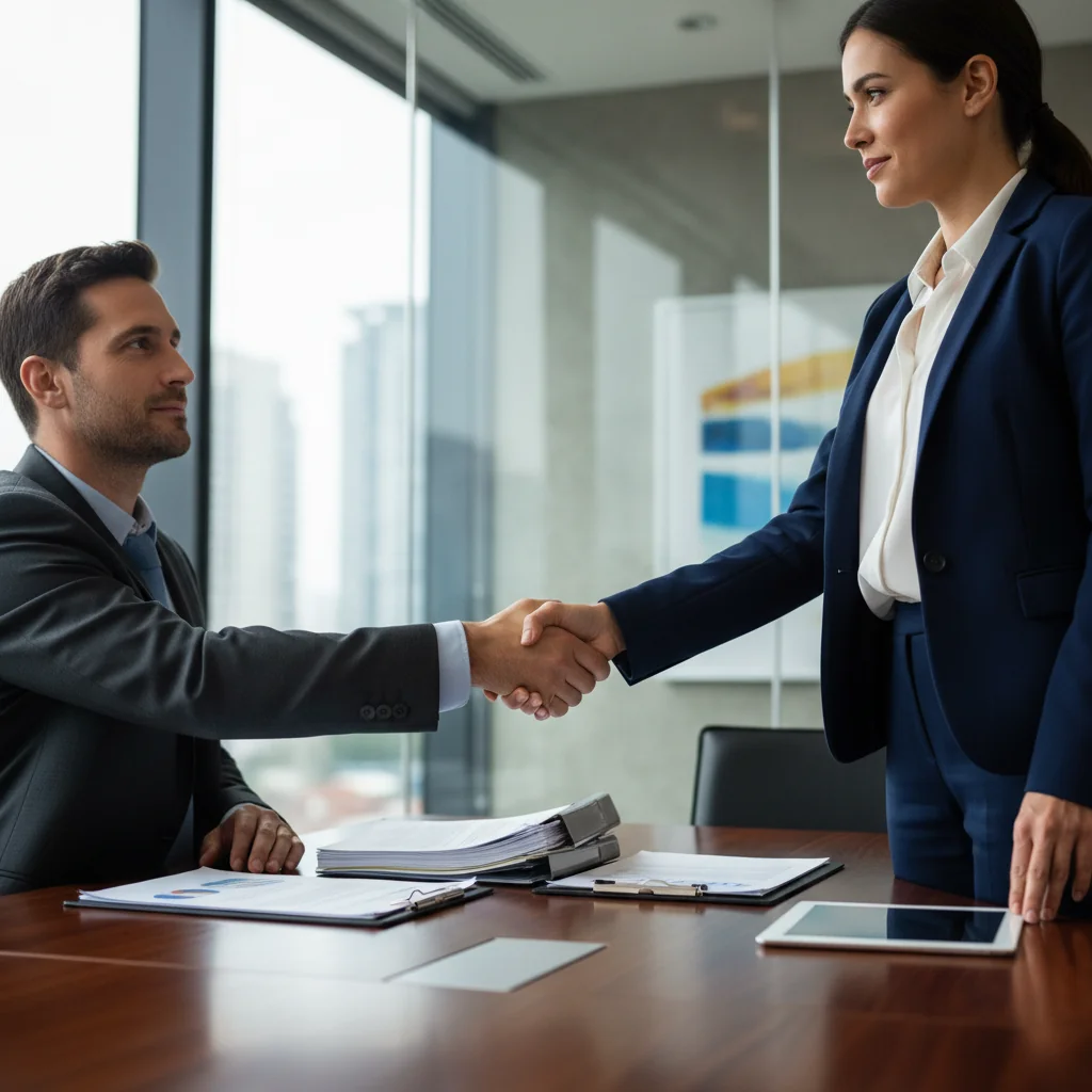 A photorealistic image of a professional business meeting between two adults, symbolizing the intent and agreement in a letter of intent, with handshakes or discussions over documents, no children present.
