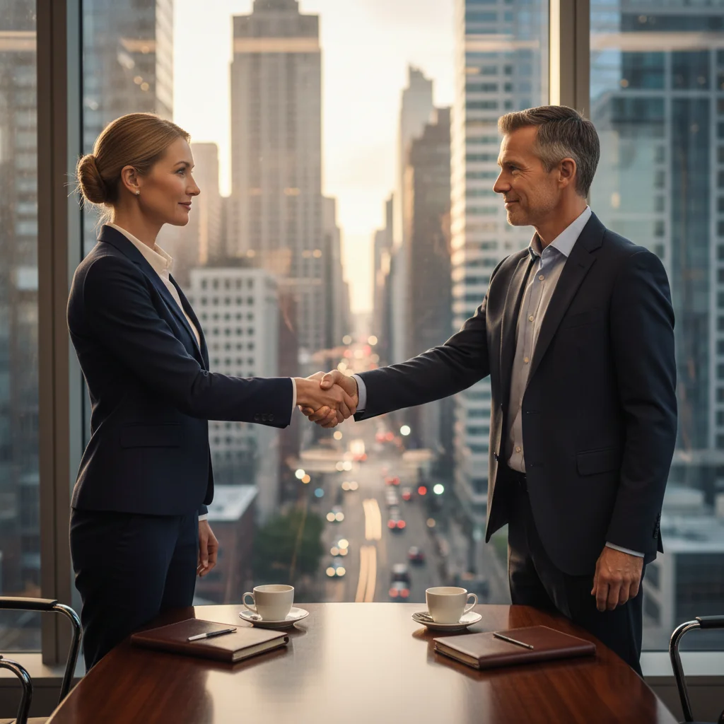 A photorealistic image of two professional adults in a modern conference room, shaking hands across a table with city skyline view through large windows, symbolizing agreement and successful business negotiation.