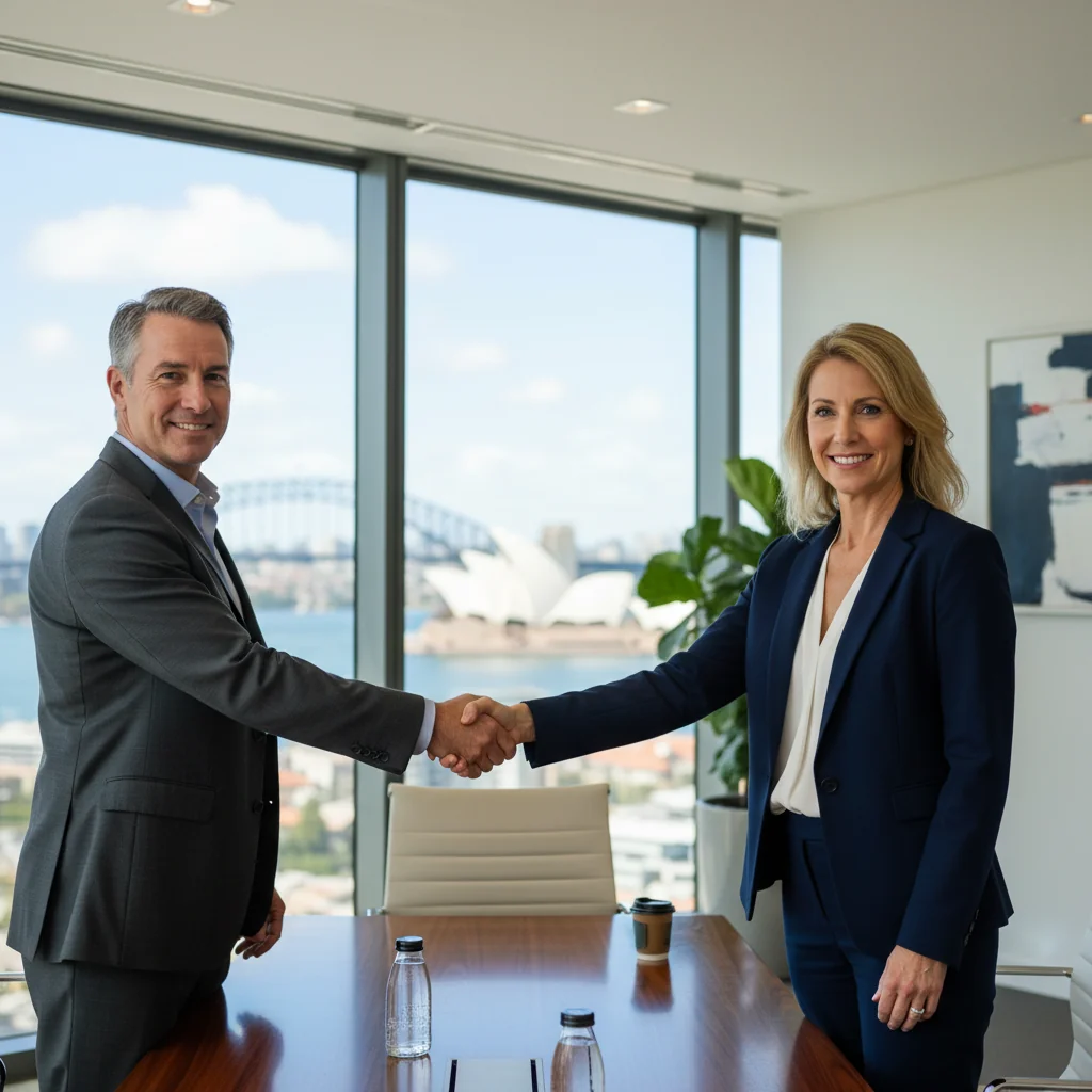 A photorealistic image of two professional adults in a modern Australian office, shaking hands over a conference table to symbolize agreement and intent in a business deal, with Australian city skyline visible through the window in the background.